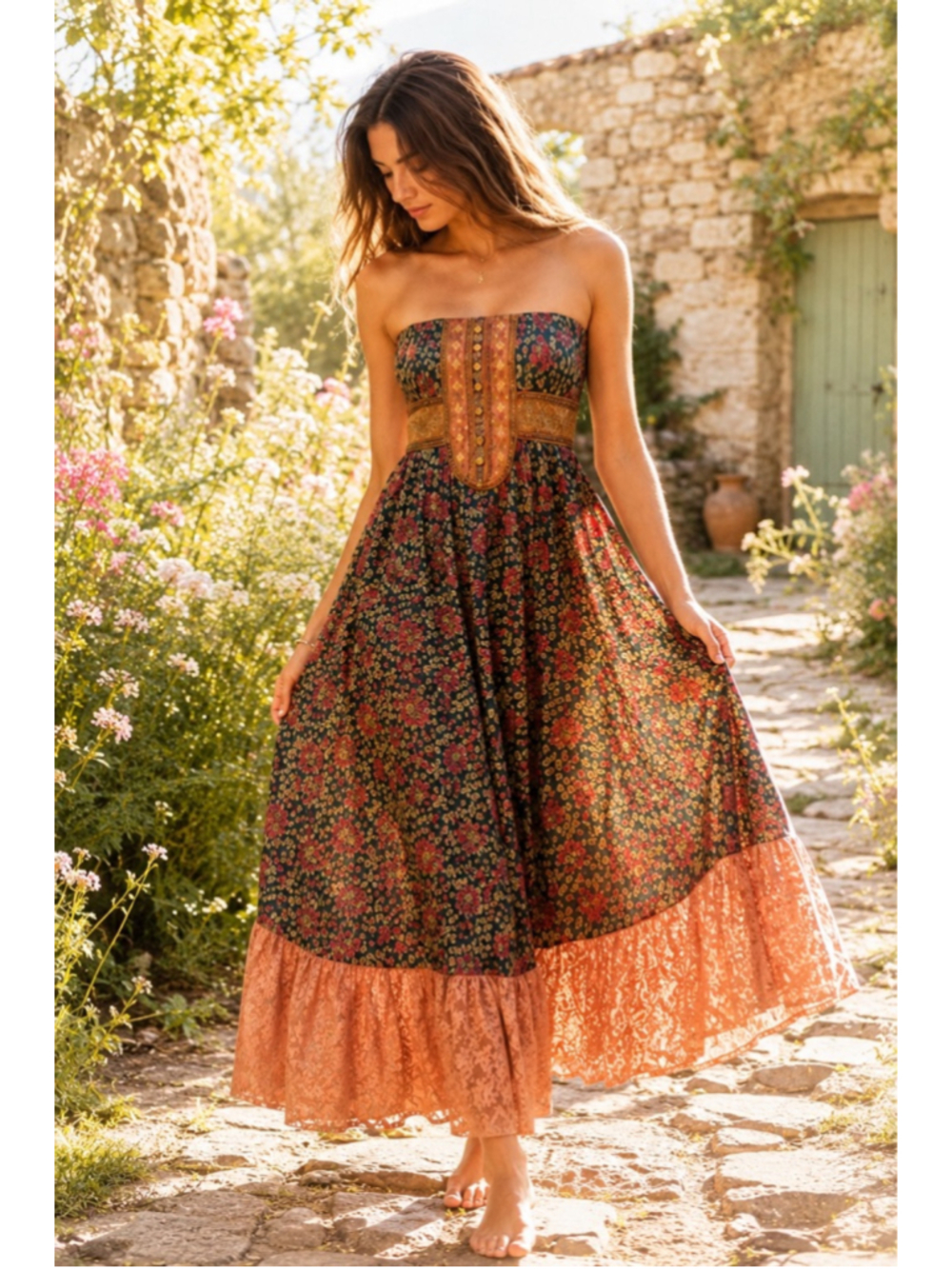 Nanette Lepore Silk Strapless Floral Maxi Dress Corset‎ Waist Lace Hem Size 4
